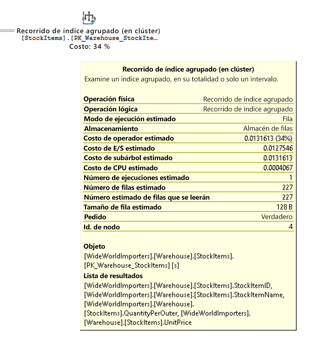 Captura de pantalla de un tooltip para la operación de Análisis de índice agrupado en la tabla StockItems.