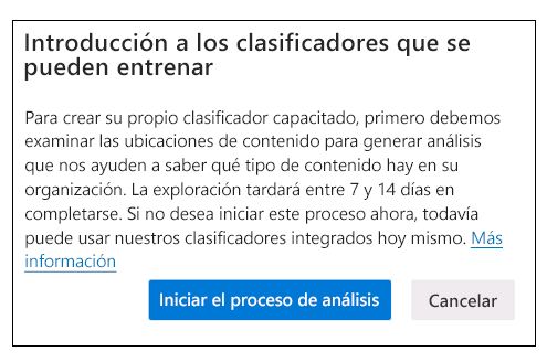 Captura de pantalla del cuadro de diálogo que aparece la primera vez que accede a la página clasificadores de entrenamiento en el portal de cumplimiento Microsoft Purview.