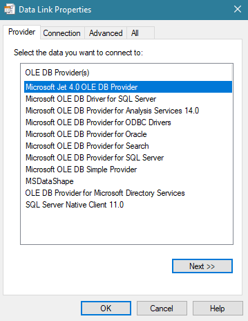 Captura de pantalla que muestra un ejemplo de un cuadro de diálogo UDL de 32 bits.