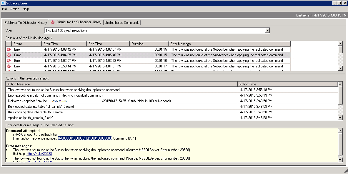 Captura de pantalla del mensaje de error en el monitor de replicación.