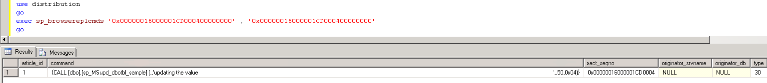 Captura de pantalla de los comandos que se asignan al número de secuencia de transacciones en el servidor distribuidor.