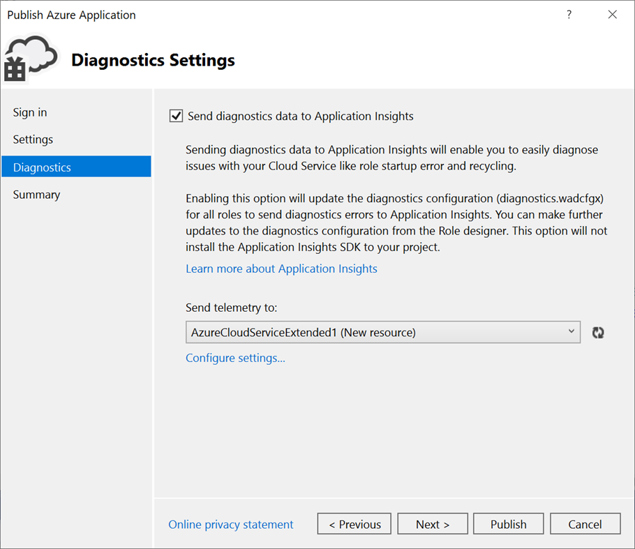 Captura de pantalla que muestra el panel de Configuración de diagnóstico.