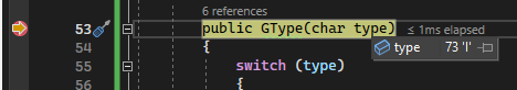 Captura de pantalla del depurador de Visual Studio con una línea de código en amarillo y una ventana con el valor de variable de tipo 73 I.