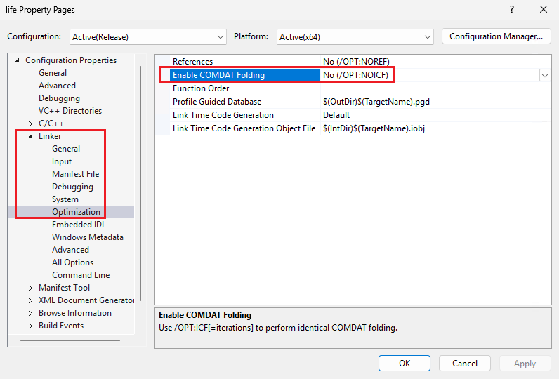 Captura de pantalla que muestra las propiedades del proyecto de optimización del enlazador.