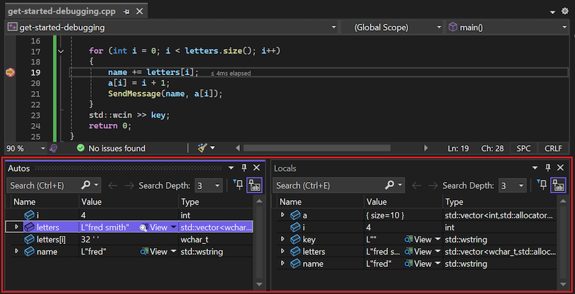 Captura de pantalla que muestra las ventanas Automático y Variables locales debajo del editor de código del depurador durante una sesión de depuración.