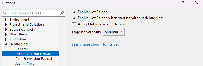 Captura de pantalla de la configuración de .NET Hot Reload.