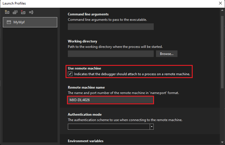 Captura de pantalla de la interfaz de usuario del perfil de inicio de depuración en las propiedades de Visual Studio Project para C# y .NET.