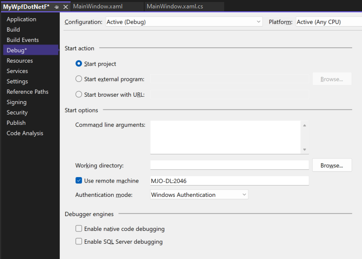 Captura de pantalla de la pestaña Depurar en las propiedades del Proyecto de Visual Studio. La propiedad Usar máquina remota está establecida en 