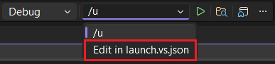 Captura de pantalla de la lista desplegable de argumentos de línea de comandos para proyectos de CMake. Muestra Editar en launch.vs.json como opción.