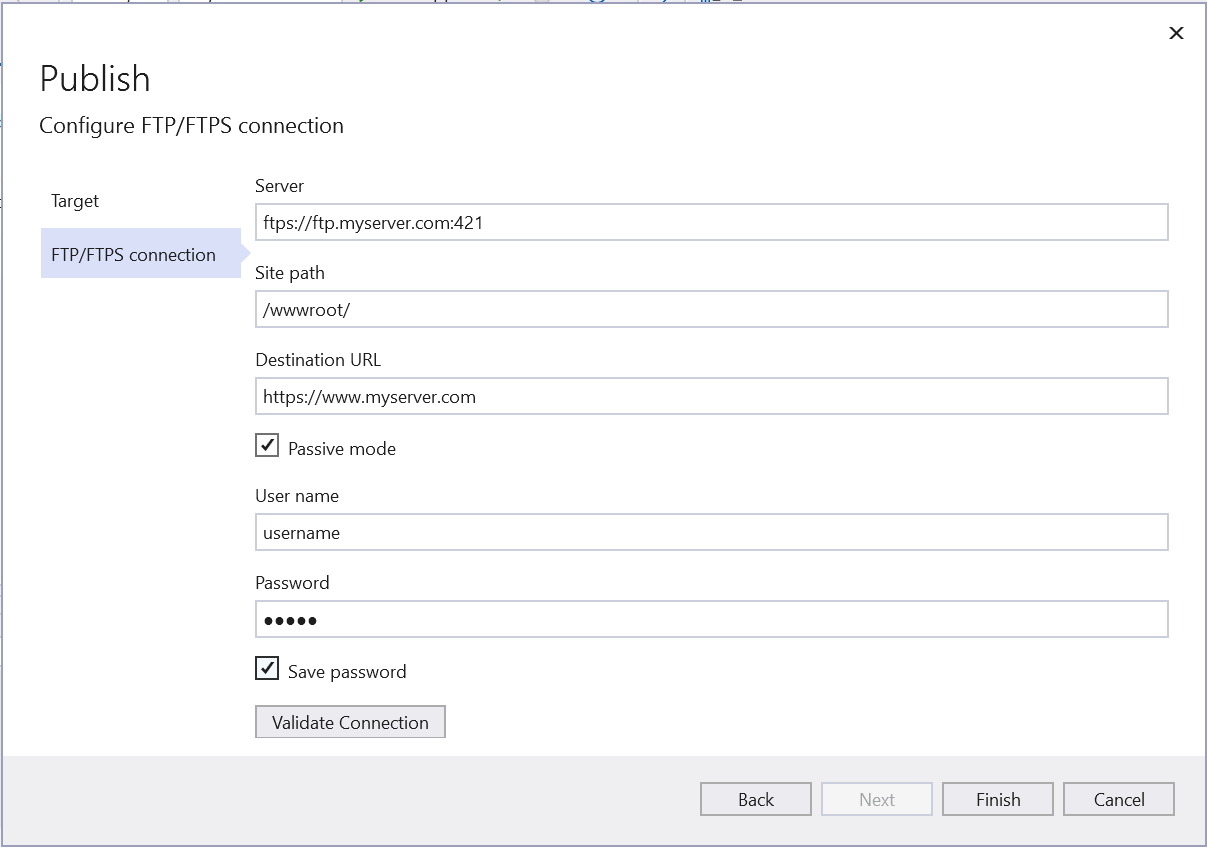 Captura de pantalla que muestra la pantalla del Asistente para publicación para publicar en el servidor FTP o FTPS.