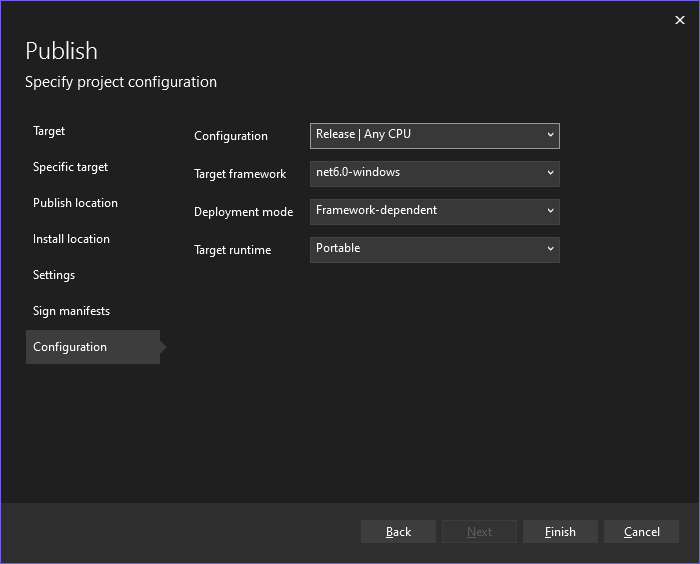 Especificar la configuración de publicación