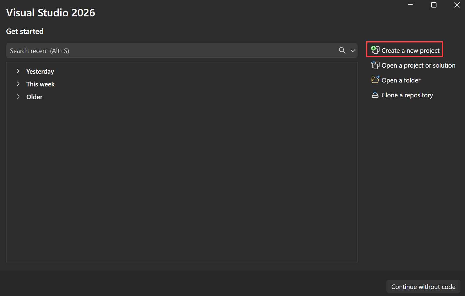 Captura de pantalla que muestra la ventana de inicio de Visual Studio con la opción Crear un nuevo proyecto seleccionada.