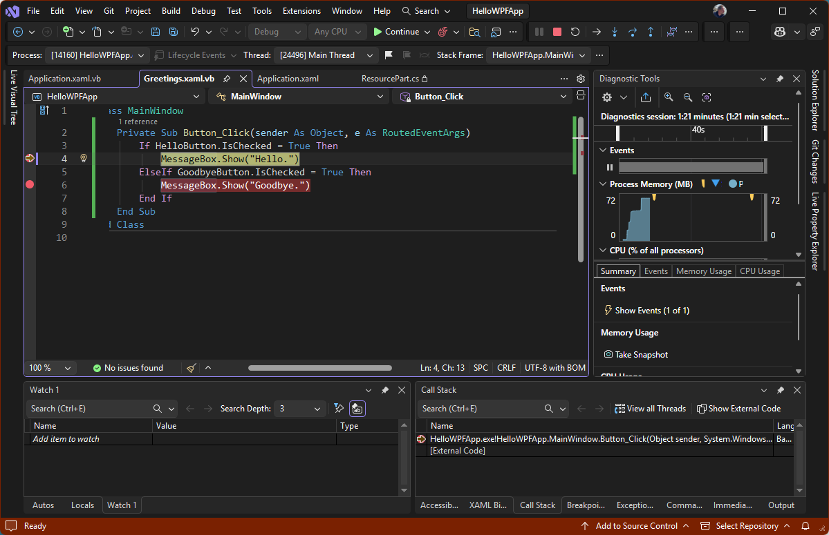 Screenshot que muestra una sesión de depuración en Visual Studio con las ventanas Código, Diagnósticos, Autos y Pila de llamadas abiertas. La ejecución se detiene en un punto de interrupción en Greetings.xaml.vb.