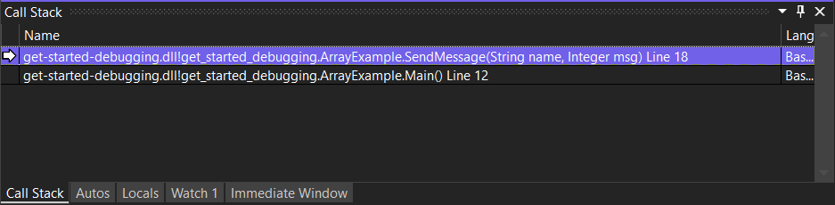 Captura de pantalla que muestra la ventana Pila de llamadas de Visual Studio con una llamada al método SendMessage resaltada en la línea superior.