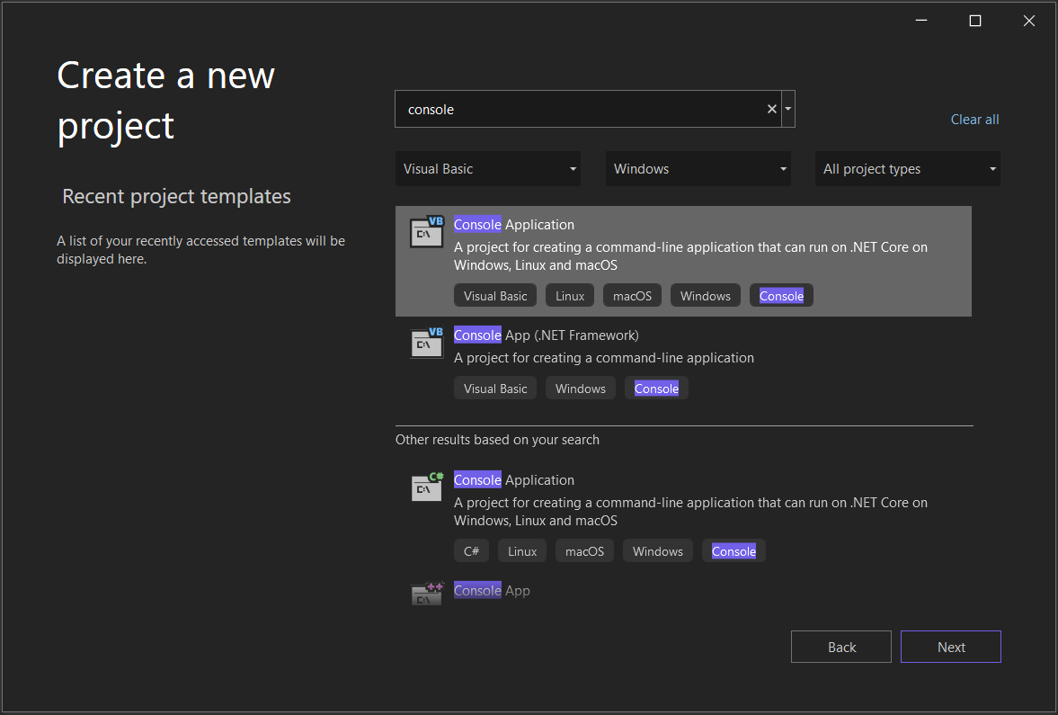 Captura de pantalla que muestra la ventana Crear un nuevo proyecto en Visual Studio 2022 con 