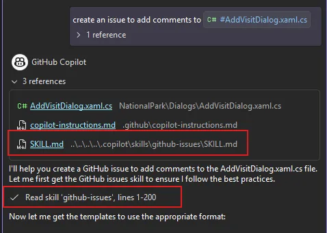 Captura de pantalla que muestra una habilidad utilizada por el agente Copilot en el chat.