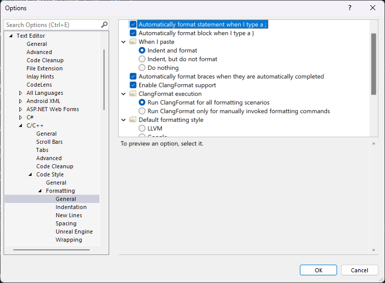 Captura de pantalla del panel Opciones con el Editor de texto.