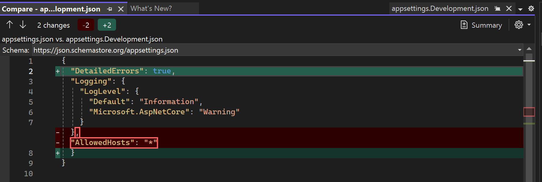 Captura de pantalla que ilustra las diferencias en una vista en línea.