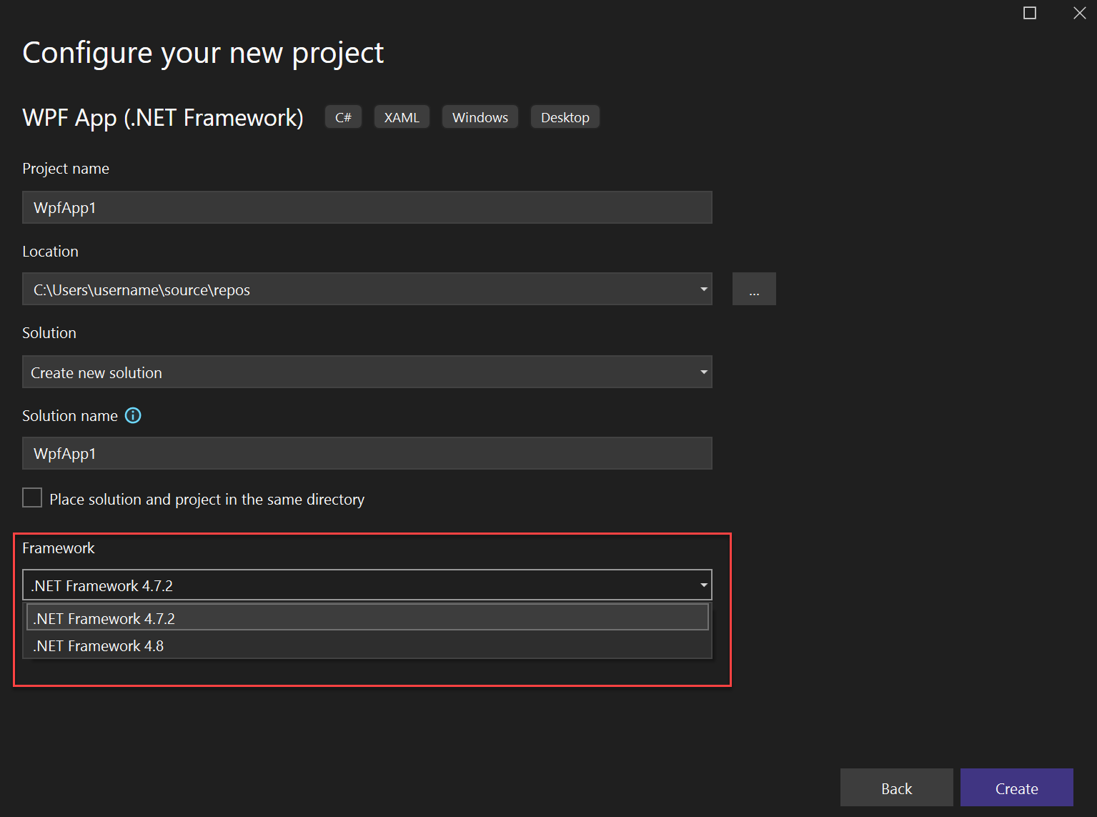 Captura de pantalla de la lista desplegable Framework en el cuadro de diálogo Configurar nuevo proyecto.