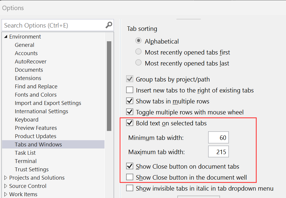 Screenshot of the new custom organization options for tabs in Visual Studio.