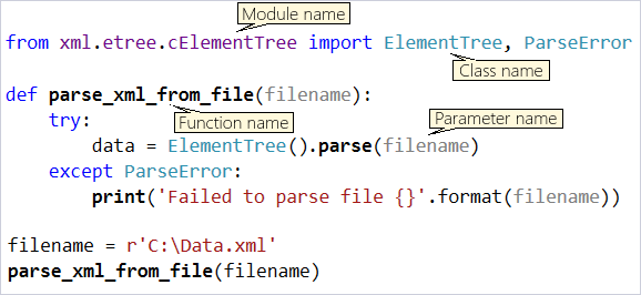 Captura de pantalla que muestra el color de código y sintaxis en el editor de Visual Studio.