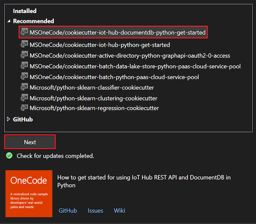Captura de pantalla que muestra cómo seleccionar una plantilla para clonar en el Explorador de Cookiecutter en Visual Studio.