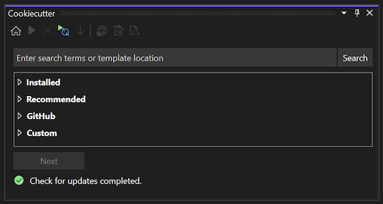 Captura de pantalla que muestra la ventana principal del Explorador de Cookiecutter en Visual Studio.