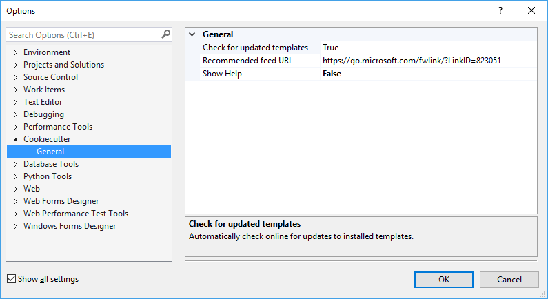 Captura de pantalla que muestra las opciones de Cookiecutter en Visual Studio.