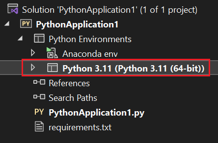 Screenshot que muestra cómo Visual Studio muestra el nombre del entorno activo en una fuente en negrita en Explorador de soluciones.