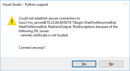 Captura de pantalla de la advertencia que indica que el certificado SSL remoto no es de confianza.
