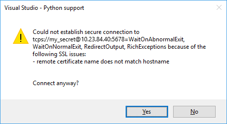 Captura de pantalla de la advertencia que indica que el certificado SSL remoto no coincide con el nombre de host.