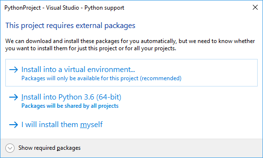 Captura de pantalla que muestra el cuadro de diálogo para instalar paquetes para una plantilla de proyecto en Visual Studio.