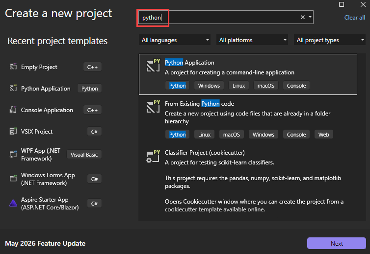 Captura de pantalla que muestra el cuadro de diálogo del nuevo proyecto con plantillas de Python disponibles en Visual Studio.