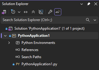 Captura de pantalla que muestra un proyecto de Python abierto en el Explorador de soluciones en Visual Studio.