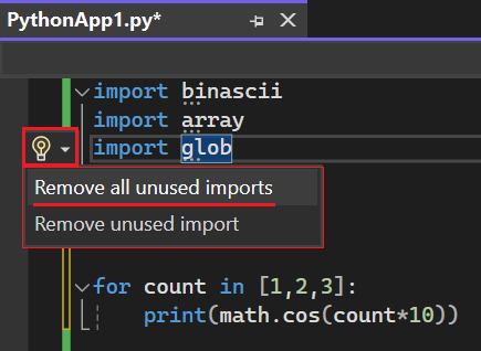 Captura de pantalla que muestra cómo acceder a las opciones para quitar las importaciones sin usar en Visual Studio 2022.
