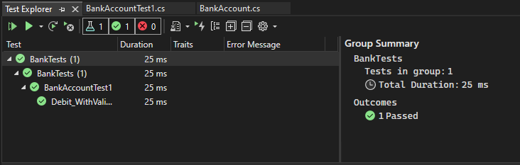 Explorador de pruebas en Visual Studio 2019 mostrando la prueba superada