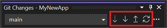 La ventana Cambios de Git con los controles de los botones Obtener, Extraer, Empujar y Sincronizar resaltados en Visual Studio 2022.