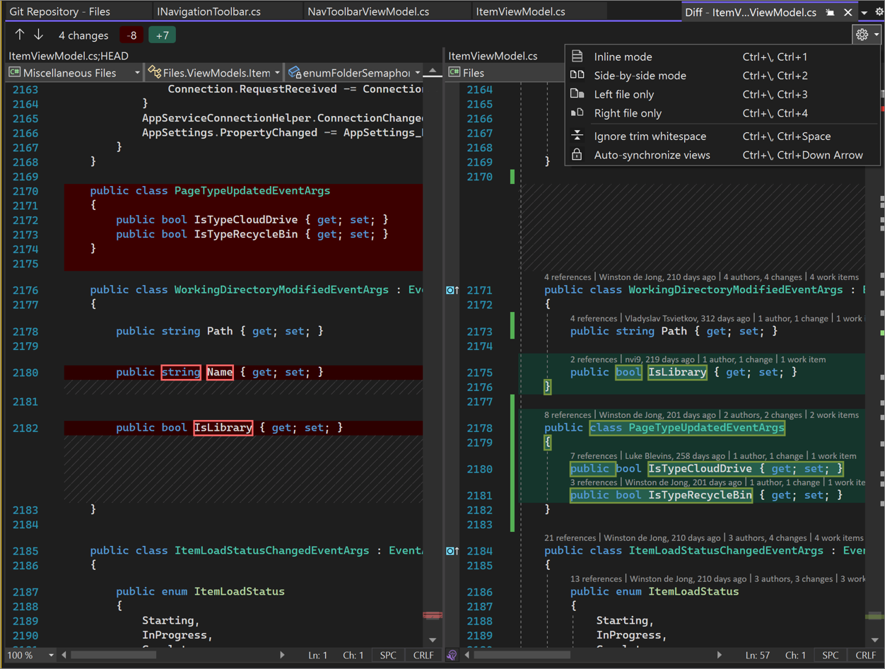 Comparación línea a línea de versiones de archivo en Visual Studio 2022.