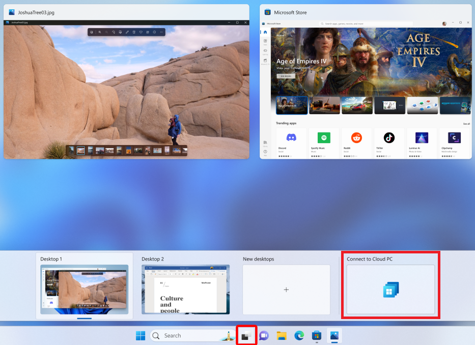 A que muestra un PC en la nube agregado a la vista Tarea en Windows 11.