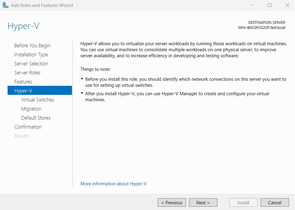 Captura de pantalla de la configuración de instalación de Hyper-V.