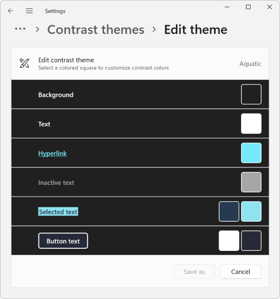 Configuración: cuadro de diálogo de edición del tema para el tema de contraste **Acuático**.