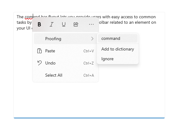 Un menú flotante expandido de la barra de comandos de texto