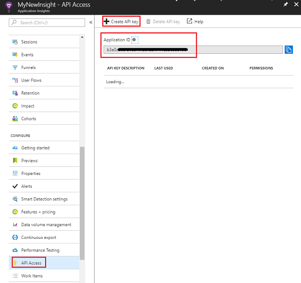 Captura de pantalla en la que se muestran las funciones de servicio, se resalta el acceso A P I. En el panel principal se resaltan Crear una clave de I P y un identificador de aplicación.