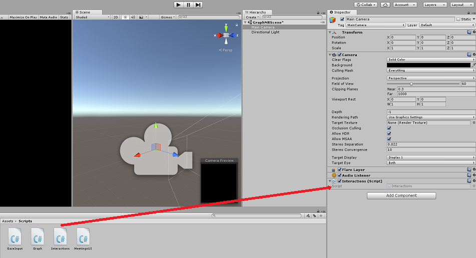 Captura de pantalla que muestra dónde arrastrar el script Interacciones.