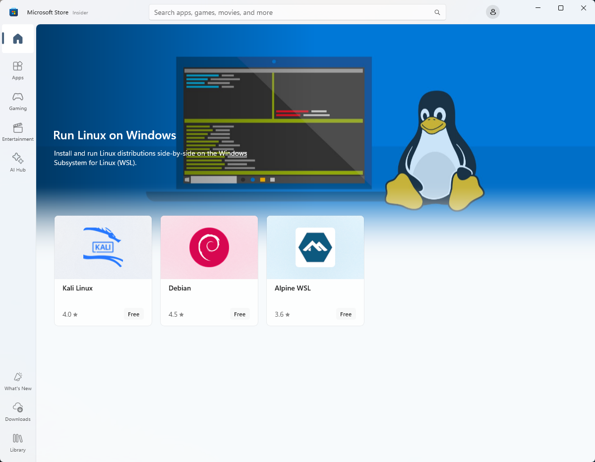 Vista de distribuciones de Linux en Microsoft Store