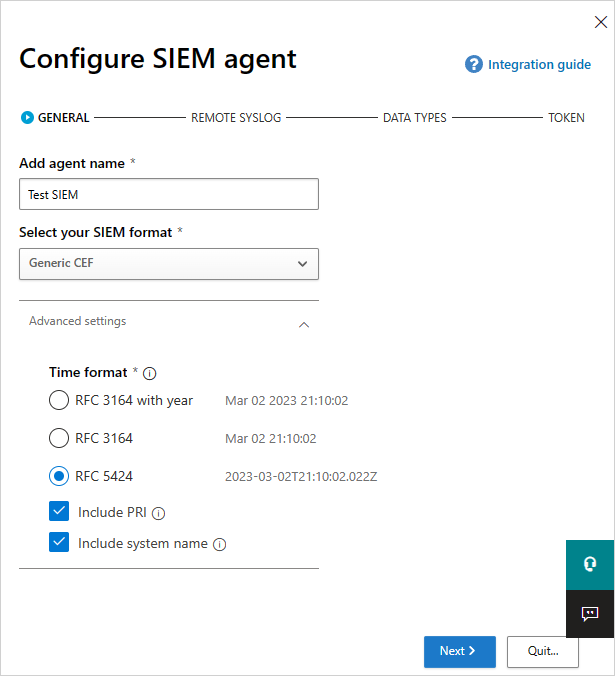 Screenshot of the General SIEM settings page with fields for name, SIEM format, and advanced configuration.