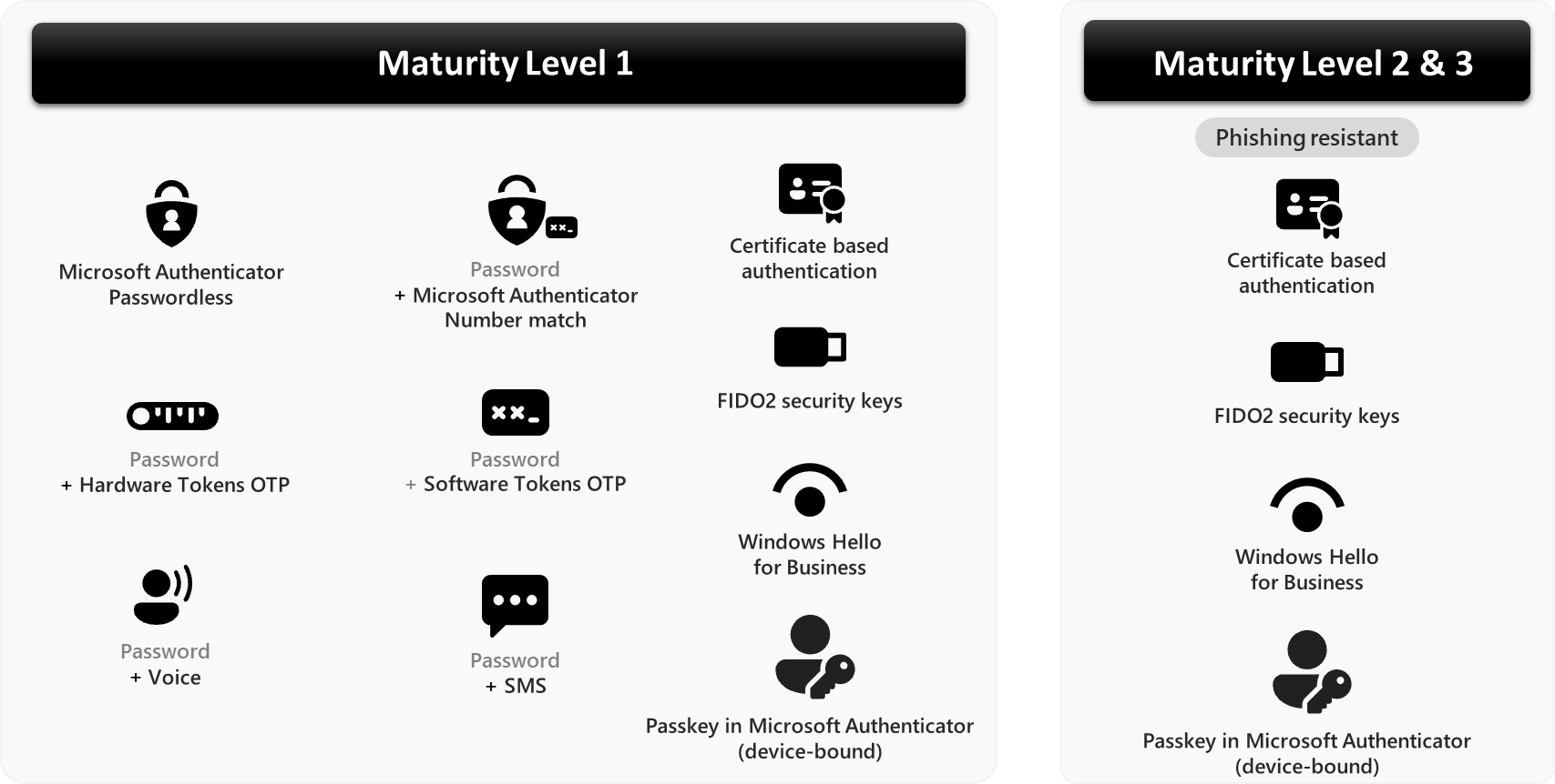 Comparison of authentication methods at each maturity level.
