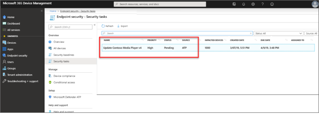 Security task created in Intune for remediation request
