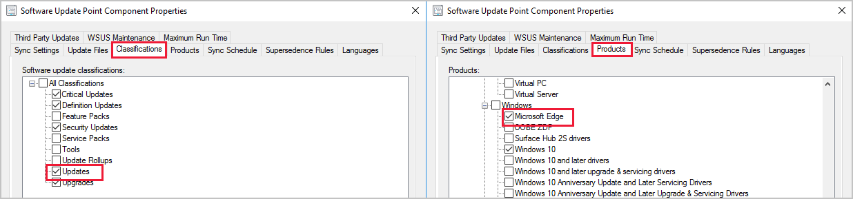 Select Microsoft Edge as product in software update point properties