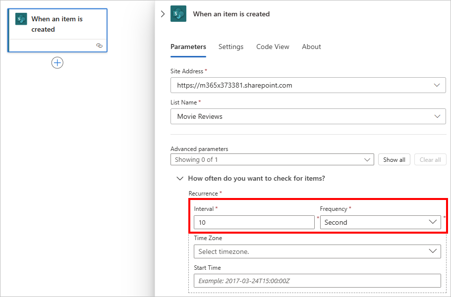 SharePoint create item trigger parameters